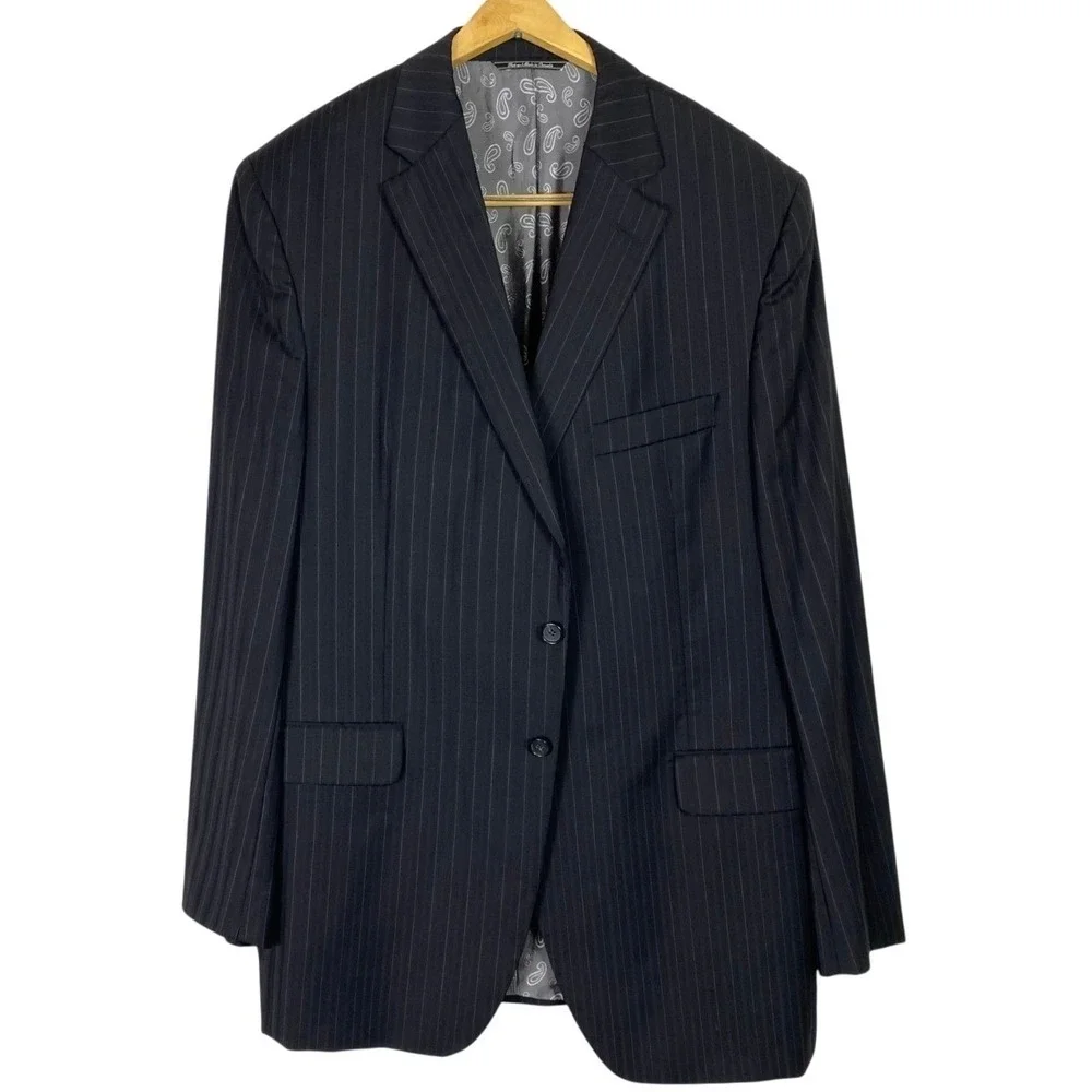 Jack Victor 44L Blazer 100% Italian Wool Pin Stripe Black Sport Coat Suit Jacket